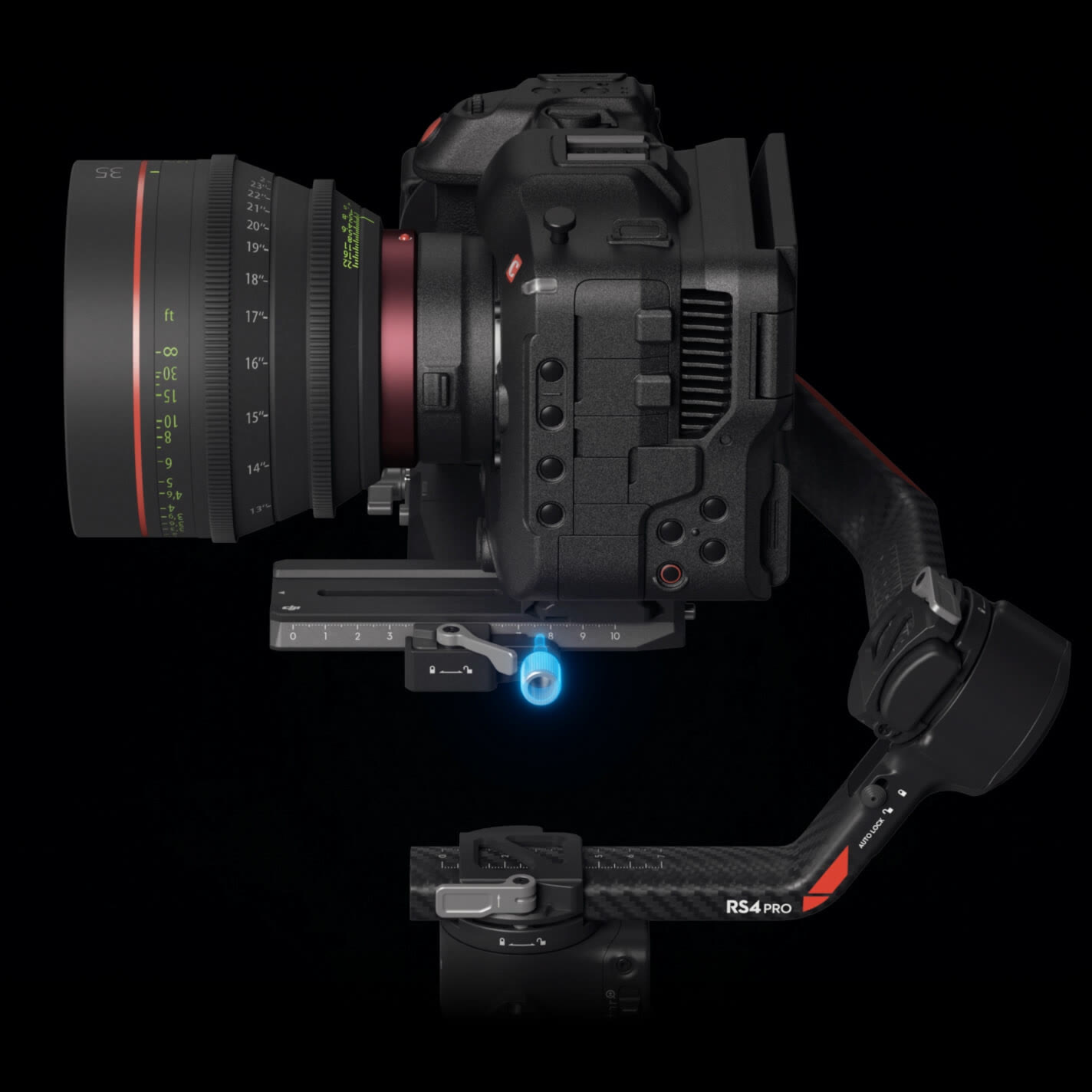 Side view of the RS 4 Pro with a camera on the quick-release plate, scale marked 0 to 10